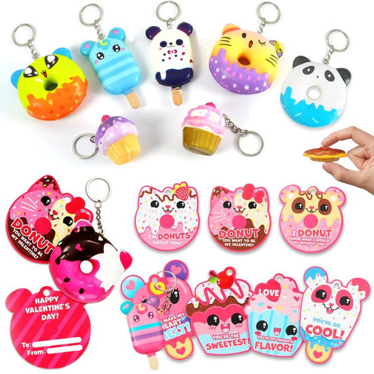 28-Piece Dessert Squishy Toy Keychains with Valentine's Day Cards for Classroom Gift Exchanges - 2025 Edition