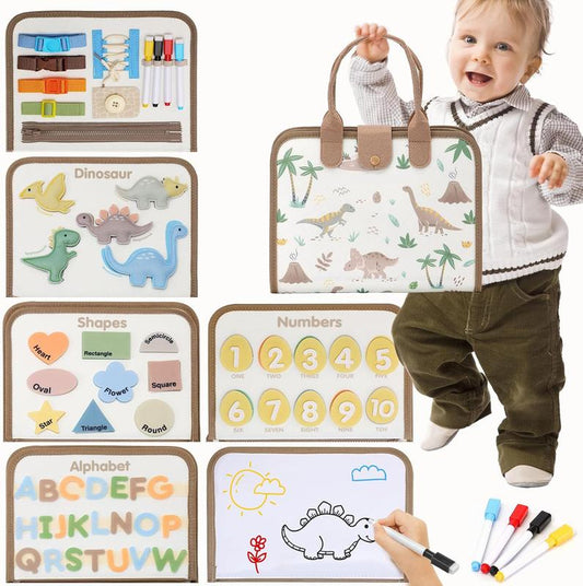Montessori-Inspired Toddler Busy Board for Ages 1-4 - Educational Sensory Toys Featuring Dinosaurs, Alphabet, Numbers, Shapes, Drawing, and Life Skills - Ideal Birthday Gifts and Travel Toys for Boys and Girls