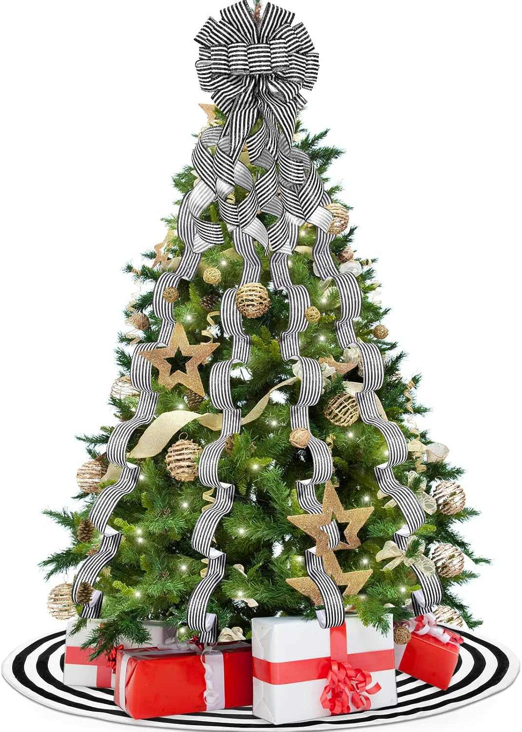 Elevate Your Holiday Spirit with the Classic Christmas Tree Decoration Set - Featuring a Stunning Topper Bow, Elegant Black and White Tree Skirt, and Versatile Wired Ribbons for Farmhouse Charm