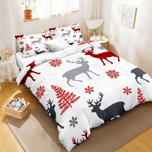 Cozy Up Your Bedroom with the Lodge Reindeer Duvet Cover Set - 3-Piece Rustic Moose Elk Bedding Collection in Queen Size