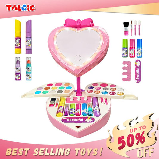 Heart-Shaped Illuminated Makeup Kit for Toddlers - Washable Pretend Play Set with Nail Art Pen and Mirror, Ideal Birthday Gift for Girls