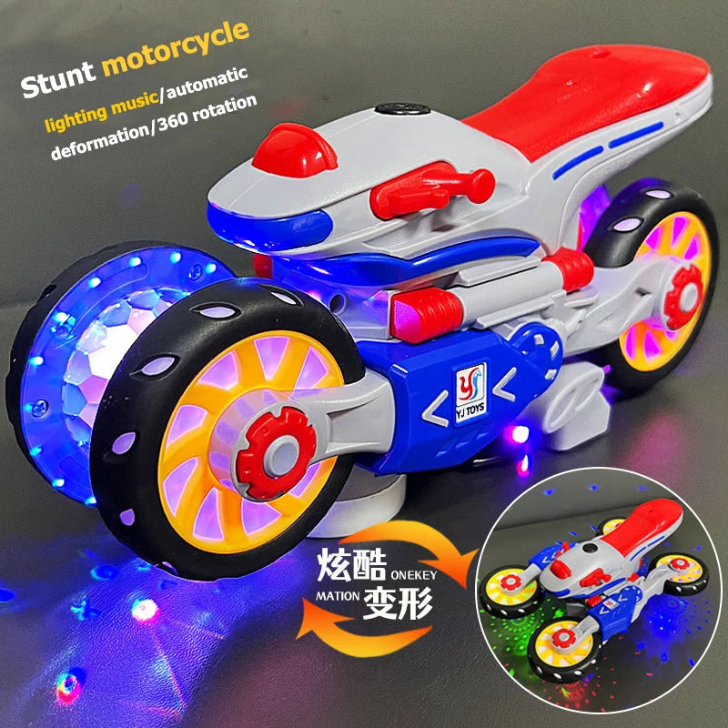 Electric Transformable Motorcycle Toy with Stunt Rotation, Universal Drive, Lights, and Music for Children - Ideal Gift for Boys