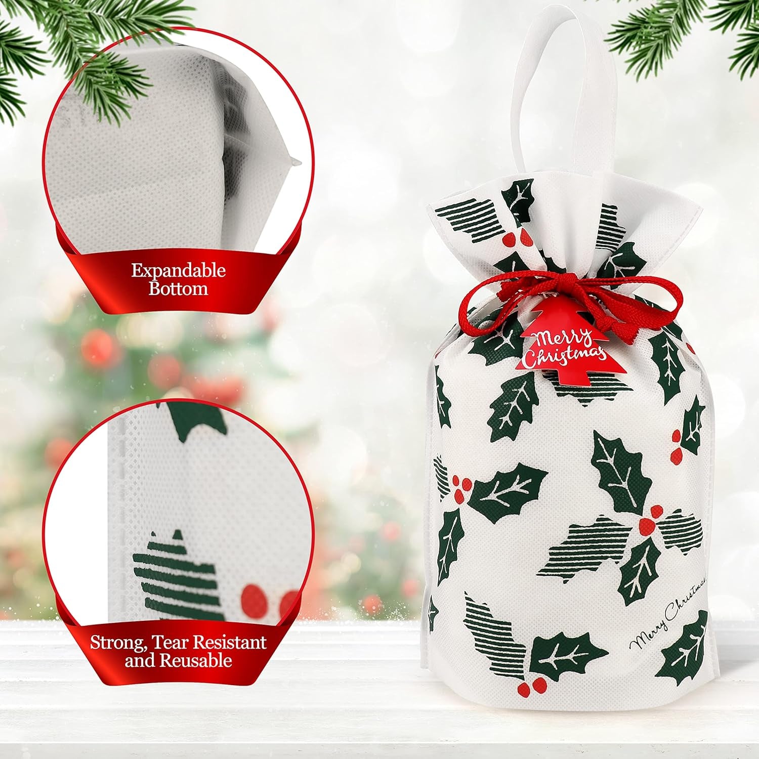 Delightful Large Reusable Fabric Gift Bags Set of 6 - Festive Holly Design for Memorable Christmas Gifting