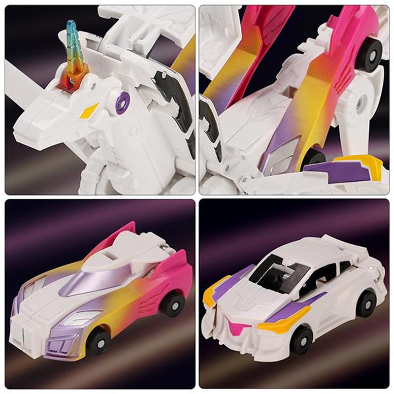 Transforming Car Toys into Magical Flying Dinosaurs and Unicorns - 2-Piece Set of Automatic Deformation Car-Robots for Kids with Magnetic Connections