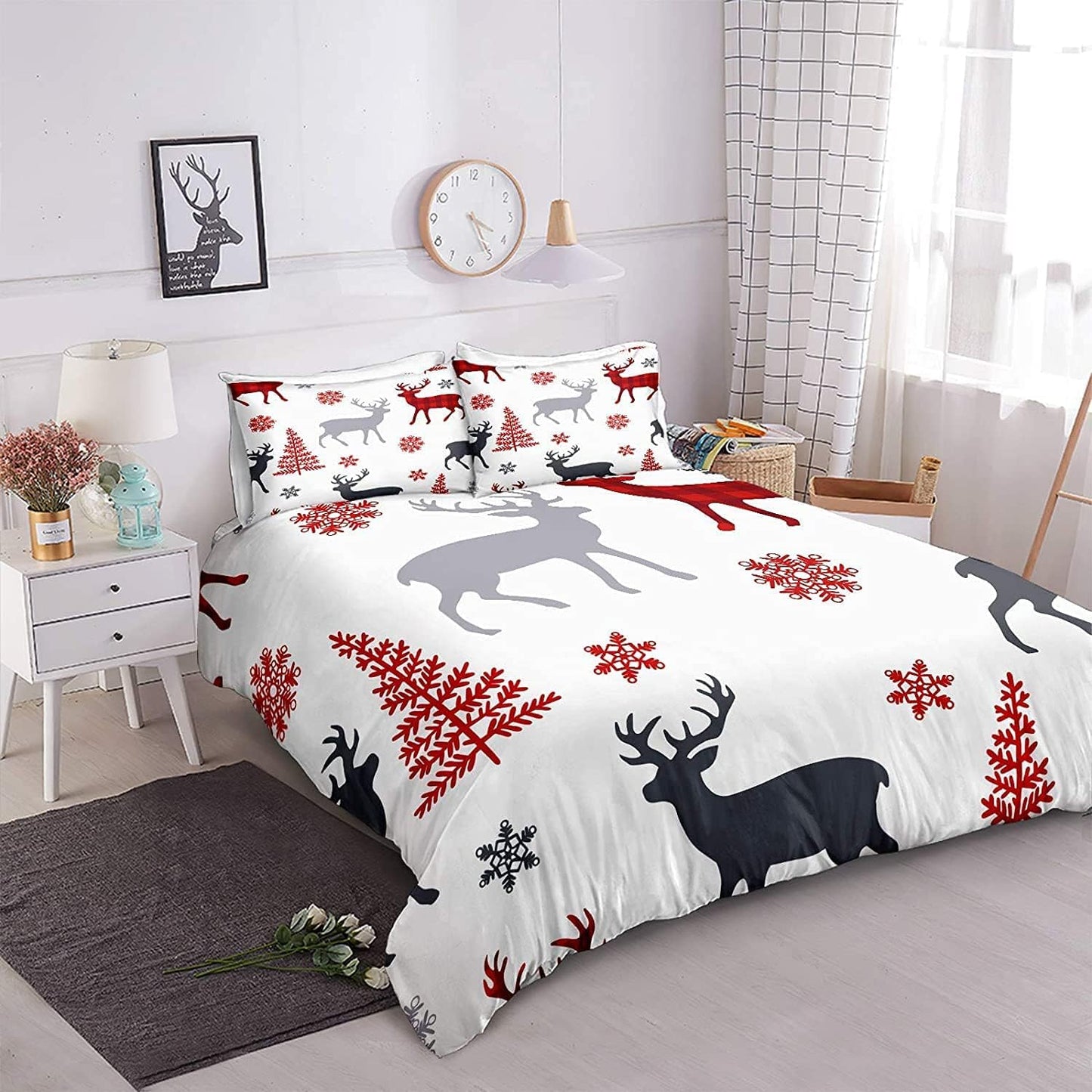Cozy Up Your Bedroom with the Lodge Reindeer Duvet Cover Set - 3-Piece Rustic Moose Elk Bedding Collection in Queen Size