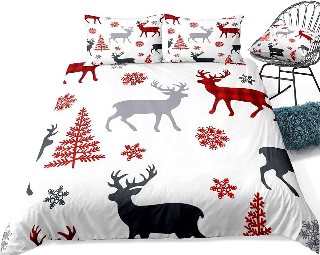 Cozy Up Your Bedroom with the Lodge Reindeer Duvet Cover Set - 3-Piece Rustic Moose Elk Bedding Collection in Queen Size