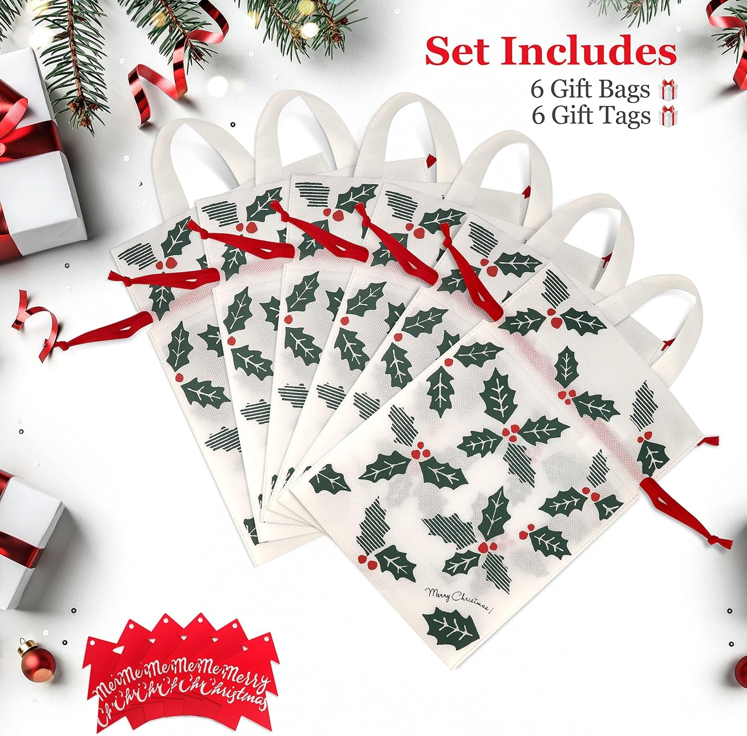 Delightful Large Reusable Fabric Gift Bags Set of 6 - Festive Holly Design for Memorable Christmas Gifting