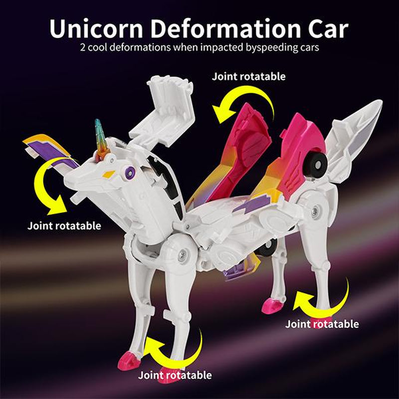 Transforming Car Toys into Magical Flying Dinosaurs and Unicorns - 2-Piece Set of Automatic Deformation Car-Robots for Kids with Magnetic Connections