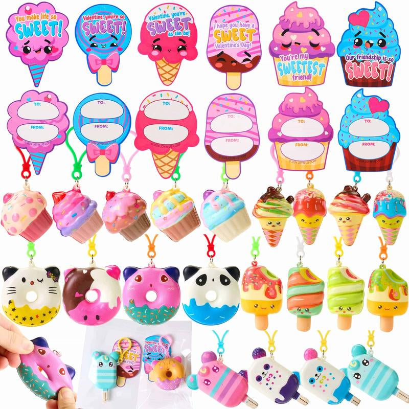 28-Piece Dessert Squishy Toy Keychains with Valentine's Day Cards for Classroom Gift Exchanges - 2025 Edition