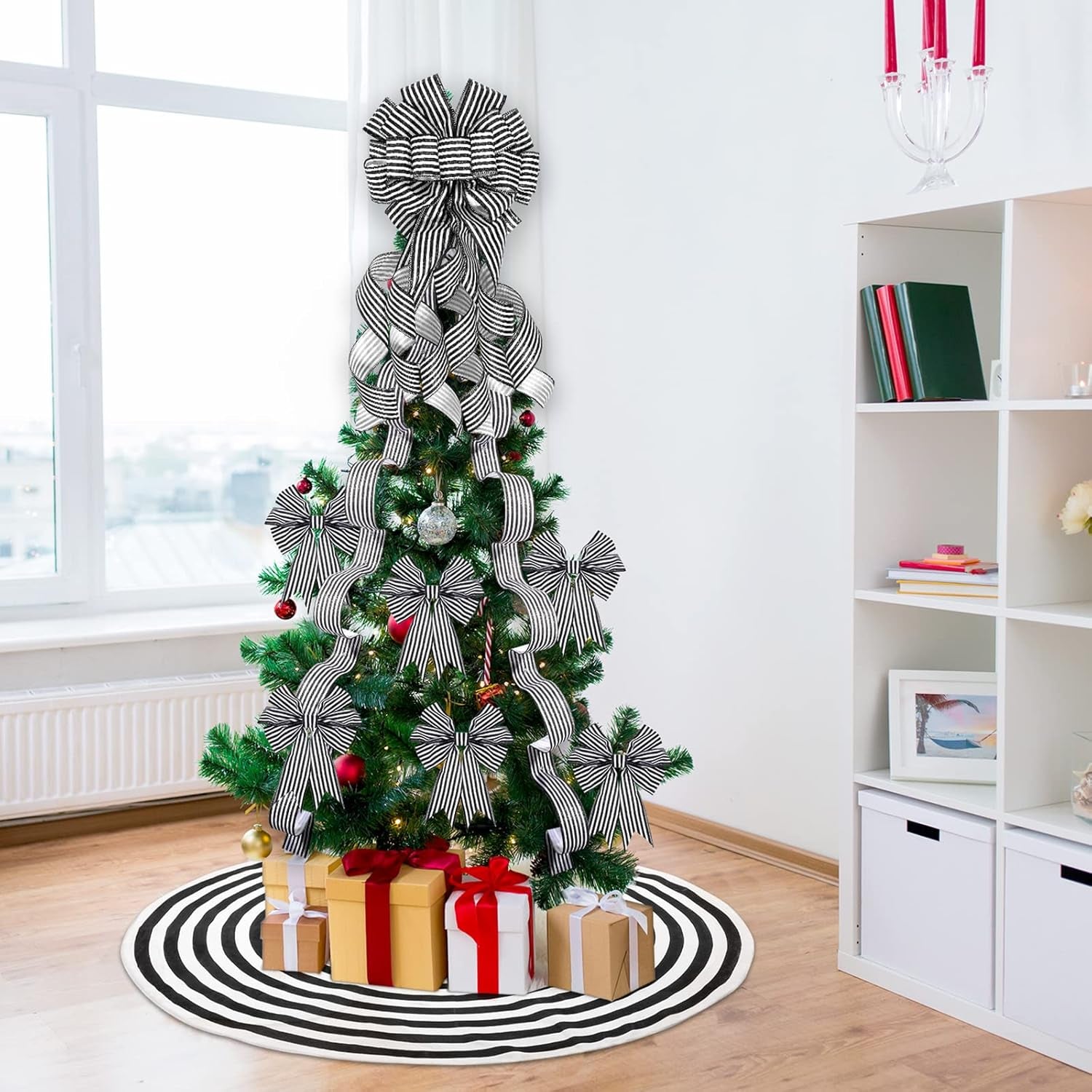 Elevate Your Holiday Spirit with the Classic Christmas Tree Decoration Set - Featuring a Stunning Topper Bow, Elegant Black and White Tree Skirt, and Versatile Wired Ribbons for Farmhouse Charm