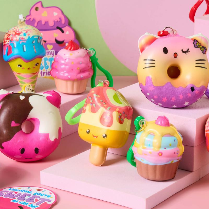 30-Piece Cute Keychain Set with Card Exchange Gifts for Valentine's Day Classroom Celebrations, Party Favors, and Holiday Rewards / 28-Piece Kids Valentine's Cards Featuring Glitter Mochi Squishy Toys