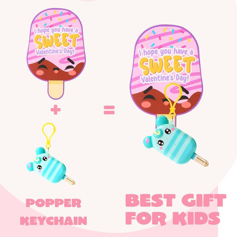 30-Piece Cute Keychain Set with Card Exchange Gifts for Valentine's Day Classroom Celebrations, Party Favors, and Holiday Rewards / 28-Piece Kids Valentine's Cards Featuring Glitter Mochi Squishy Toys