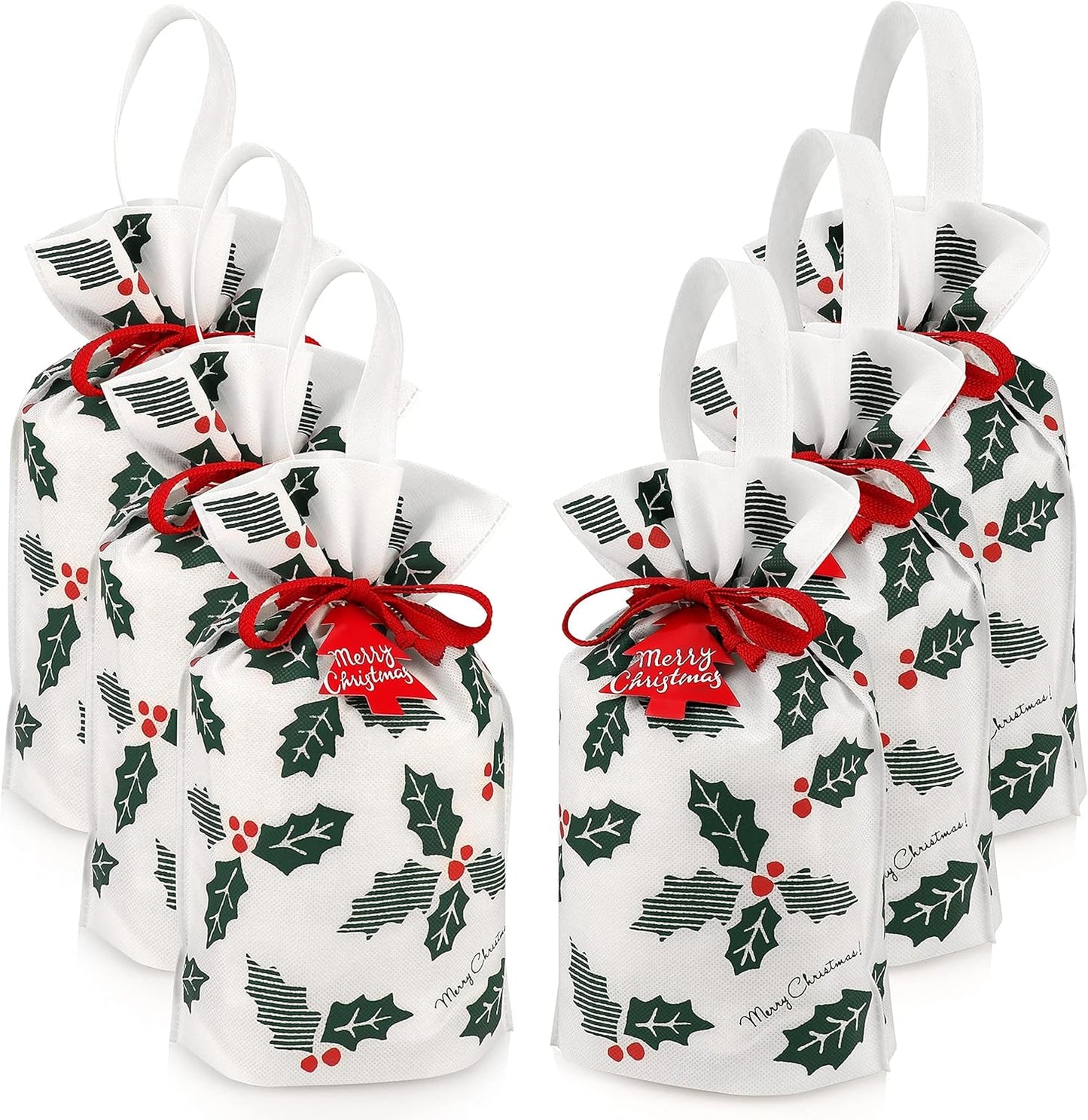 Delightful Large Reusable Fabric Gift Bags Set of 6 - Festive Holly Design for Memorable Christmas Gifting