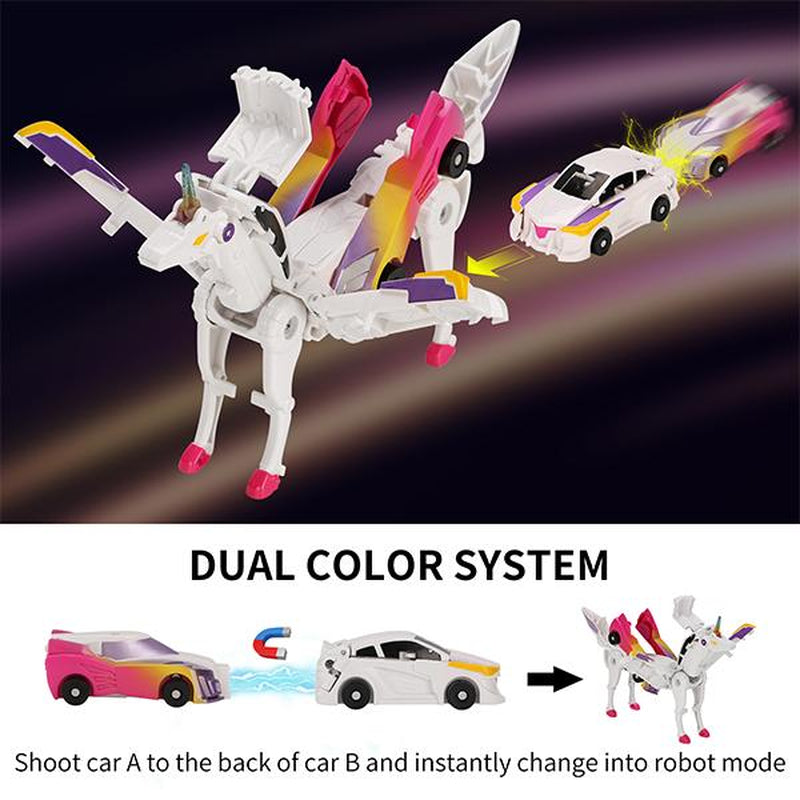 Transforming Car Toys into Magical Flying Dinosaurs and Unicorns - 2-Piece Set of Automatic Deformation Car-Robots for Kids with Magnetic Connections