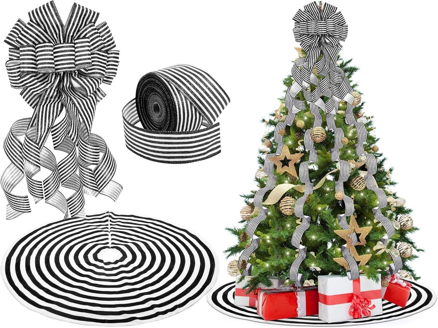 Elevate Your Holiday Spirit with the Classic Christmas Tree Decoration Set - Featuring a Stunning Topper Bow, Elegant Black and White Tree Skirt, and Versatile Wired Ribbons for Farmhouse Charm