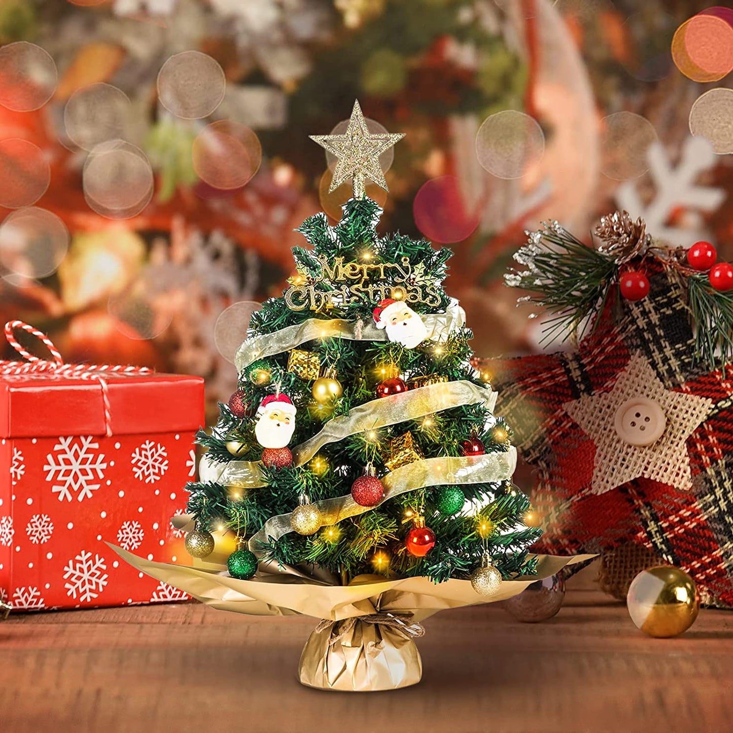 Charming 20-Inch Prelit Mini Christmas Tree with Festive Ornaments and Star Treetop for Your Holiday Decor