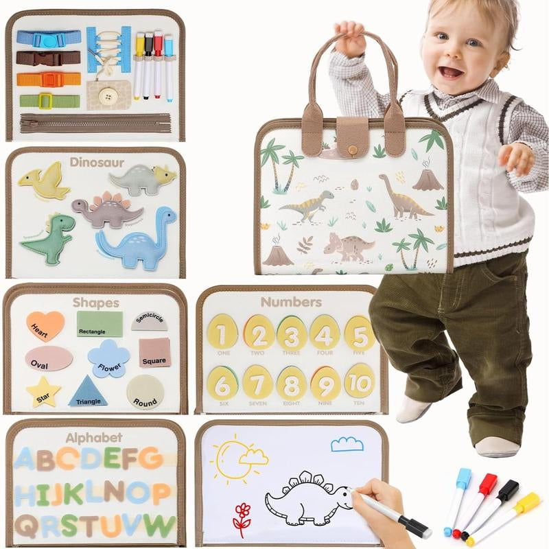 Montessori-Inspired Toddler Busy Board for Ages 1-4 - Educational Sensory Toys Featuring Dinosaurs, Alphabet, Numbers, Shapes, Drawing, and Life Skills - Ideal Birthday Gifts and Travel Toys for Boys and Girls