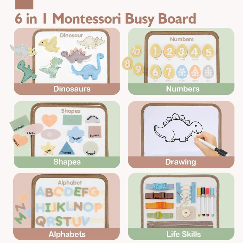 Montessori-Inspired Toddler Busy Board for Ages 1-4 - Educational Sensory Toys Featuring Dinosaurs, Alphabet, Numbers, Shapes, Drawing, and Life Skills - Ideal Birthday Gifts and Travel Toys for Boys and Girls