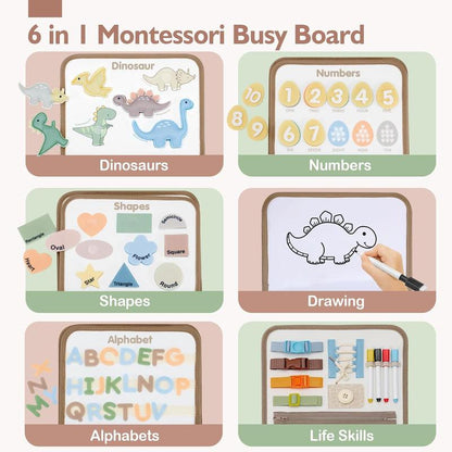 Montessori-Inspired Toddler Busy Board for Ages 1-4 - Educational Sensory Toys Featuring Dinosaurs, Alphabet, Numbers, Shapes, Drawing, and Life Skills - Ideal Birthday Gifts and Travel Toys for Boys and Girls