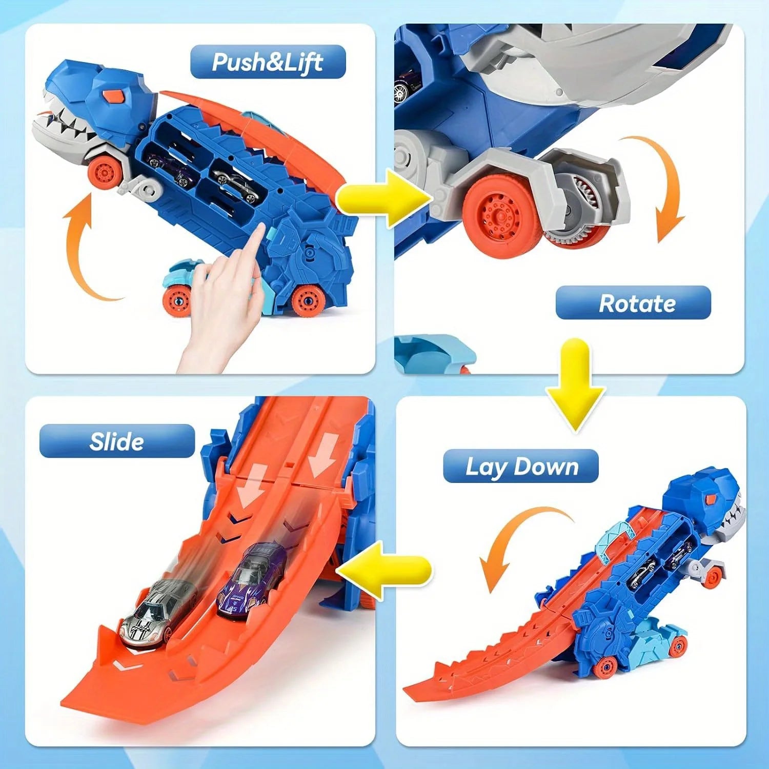 Transform Your Playtime with the Ultimate Transport Dinosaur Truck: 25-Inch Folding Track & Four Alloy Buggies that Become T-Rex Figures!