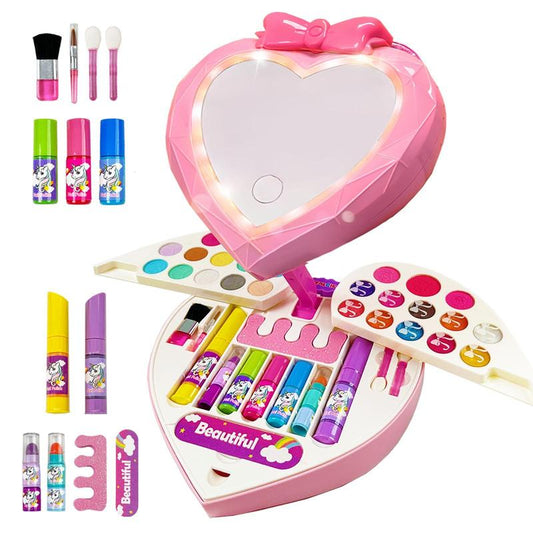 Heart-Shaped Illuminated Makeup Kit for Toddlers - Washable Pretend Play Set with Nail Art Pen and Mirror, Ideal Birthday Gift for Girls