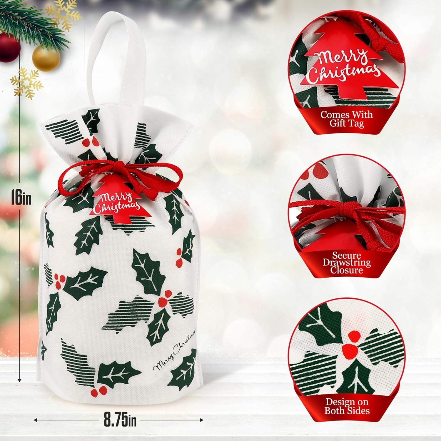 Delightful Large Reusable Fabric Gift Bags Set of 6 - Festive Holly Design for Memorable Christmas Gifting