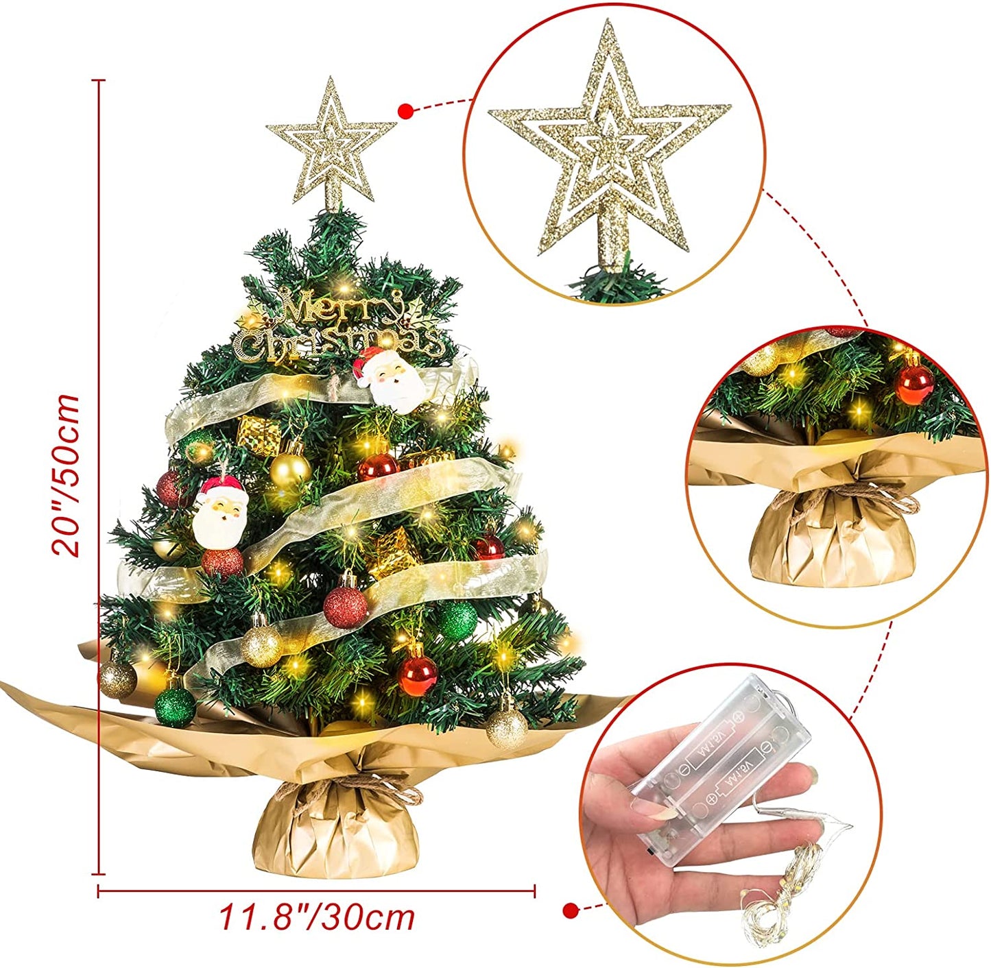 Charming 20-Inch Prelit Mini Christmas Tree with Festive Ornaments and Star Treetop for Your Holiday Decor