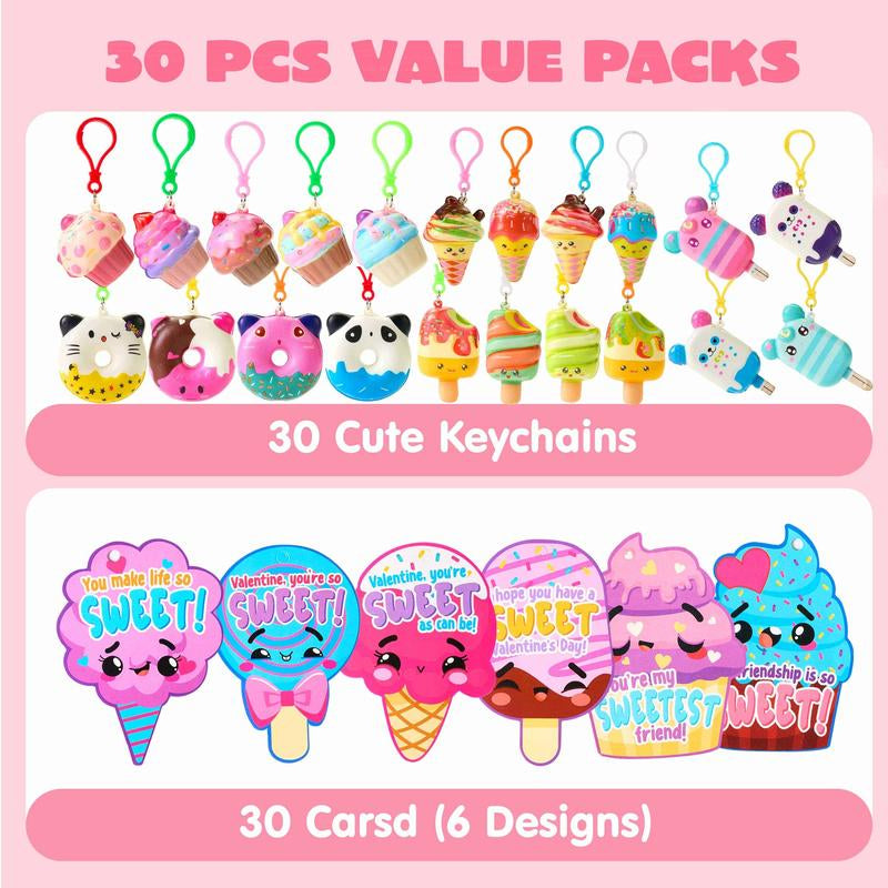 28-Piece Dessert Squishy Toy Keychains with Valentine's Day Cards for Classroom Gift Exchanges - 2025 Edition