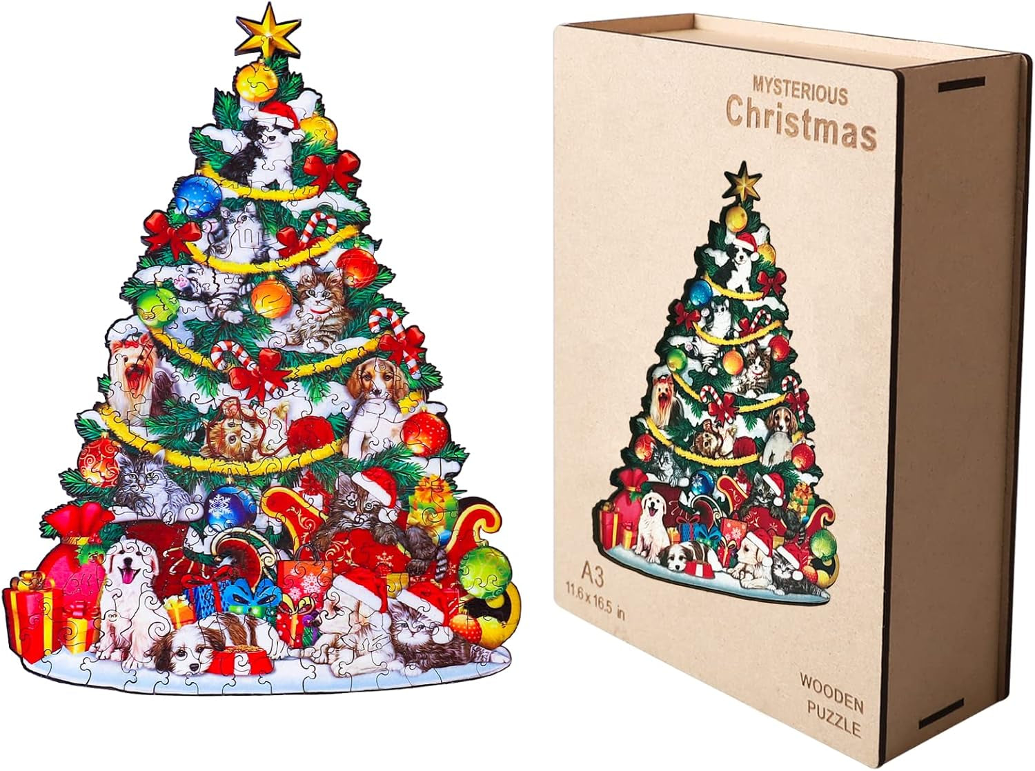 Delightful Christmas-Themed Wooden Jigsaw Puzzles for Adults - Featuring Festive Designs of Trees, Cats, and Dogs - Perfect for Gifts and Stocking Stuffers (11.6 in x 16.5 in)