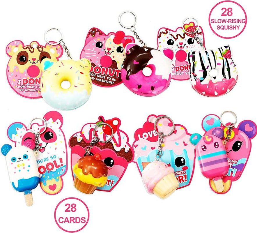 28-Piece Dessert Squishy Toy Keychains with Valentine's Day Cards for Classroom Gift Exchanges - 2025 Edition