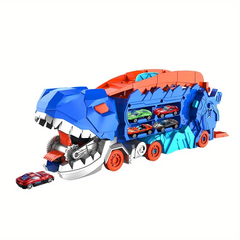 Transform Your Playtime with the Ultimate Transport Dinosaur Truck: 25-Inch Folding Track & Four Alloy Buggies that Become T-Rex Figures!
