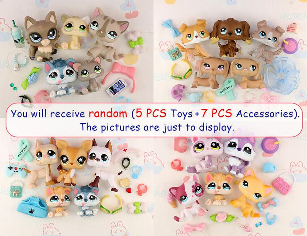 5-Piece Assorted Miniature Cat and Dog Figures with 7-Piece Accessory Set for LPS Collection
