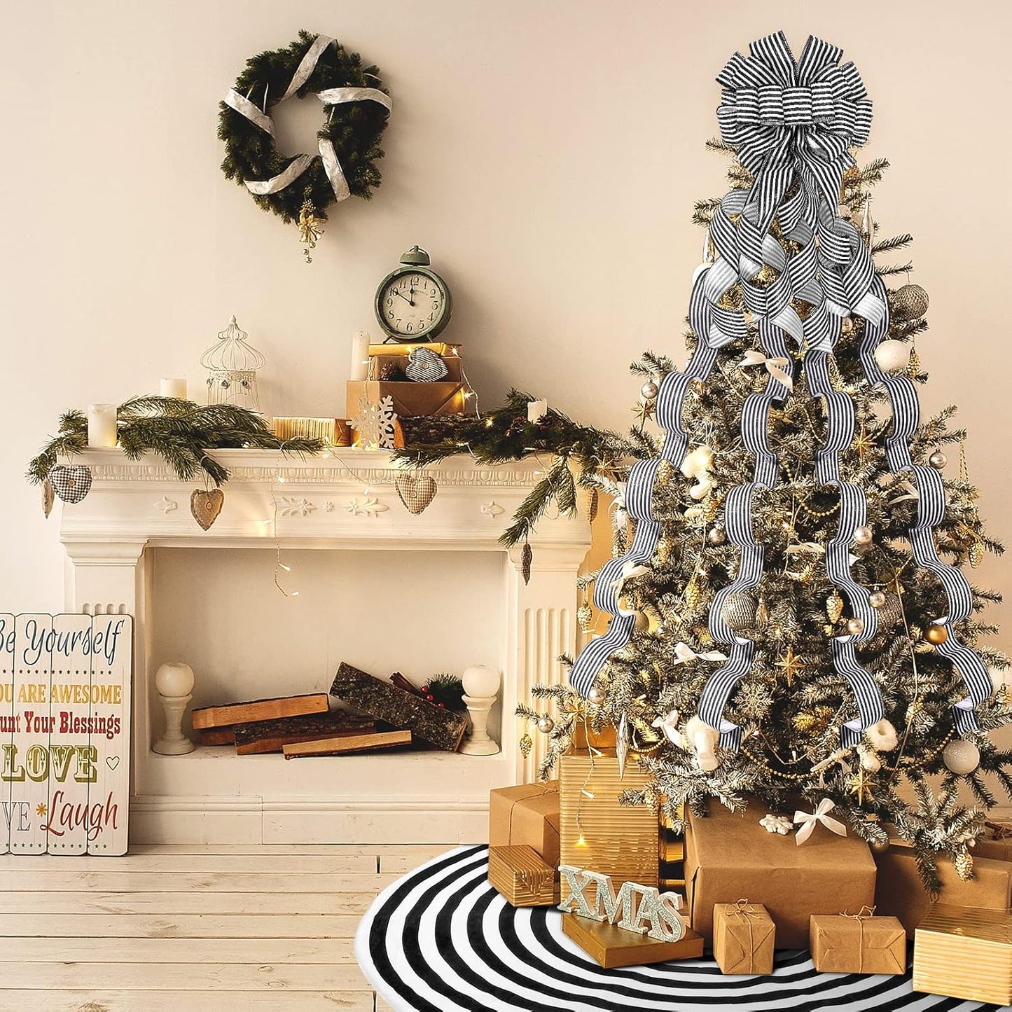 Elevate Your Holiday Spirit with the Classic Christmas Tree Decoration Set - Featuring a Stunning Topper Bow, Elegant Black and White Tree Skirt, and Versatile Wired Ribbons for Farmhouse Charm