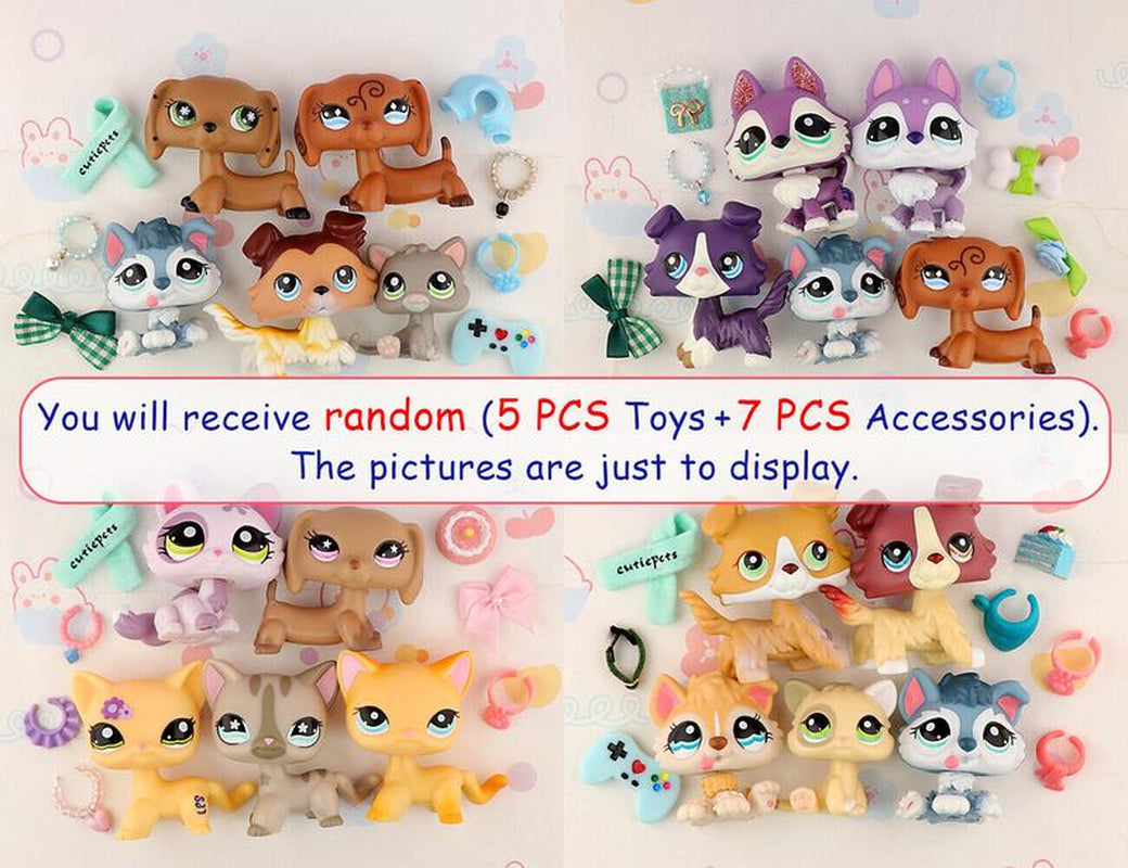 5-Piece Assorted Miniature Cat and Dog Figures with 7-Piece Accessory Set for LPS Collection