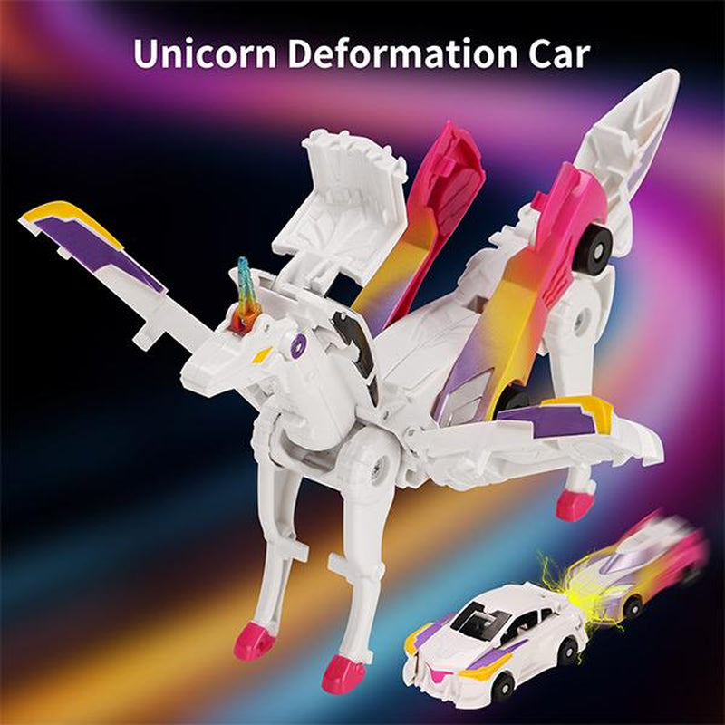Transforming Car Toys into Magical Flying Dinosaurs and Unicorns - 2-Piece Set of Automatic Deformation Car-Robots for Kids with Magnetic Connections