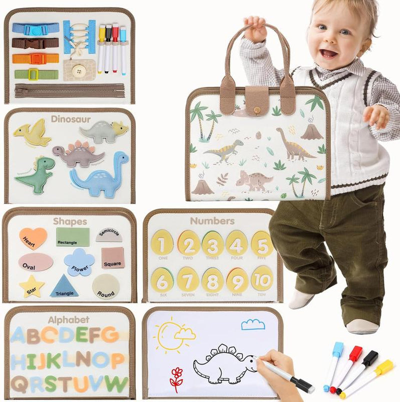 Montessori-Inspired Toddler Busy Board for Ages 1-4 - Educational Sensory Toys Featuring Dinosaurs, Alphabet, Numbers, Shapes, Drawing, and Life Skills - Ideal Birthday Gifts and Travel Toys for Boys and Girls