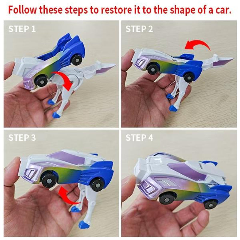 Transforming Car Toys into Magical Flying Dinosaurs and Unicorns - 2-Piece Set of Automatic Deformation Car-Robots for Kids with Magnetic Connections