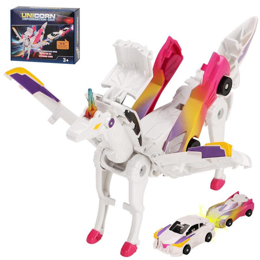 Transforming Car Toys into Magical Flying Dinosaurs and Unicorns - 2-Piece Set of Automatic Deformation Car-Robots for Kids with Magnetic Connections