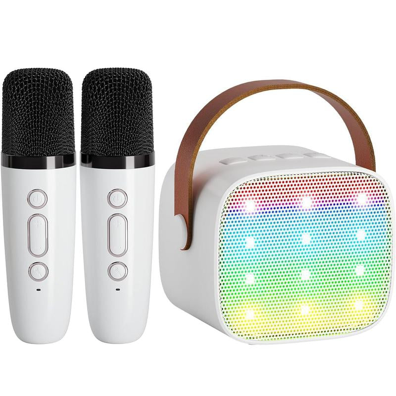 BONAOK Compact Karaoke System with Dual Microphones, Colorful LED Lighting, Four Sound Modes for Home, Car, and Travel Use
