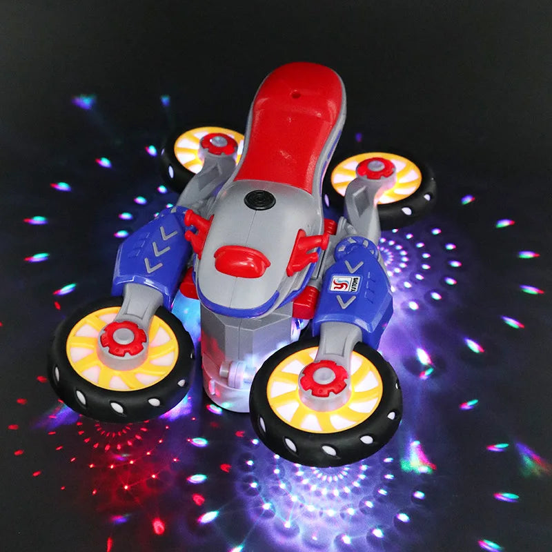 Electric Transformable Motorcycle Toy with Stunt Rotation, Universal Drive, Lights, and Music for Children - Ideal Gift for Boys