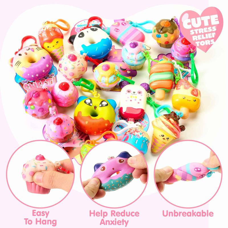 30-Piece Cute Keychain Set with Card Exchange Gifts for Valentine's Day Classroom Celebrations, Party Favors, and Holiday Rewards / 28-Piece Kids Valentine's Cards Featuring Glitter Mochi Squishy Toys