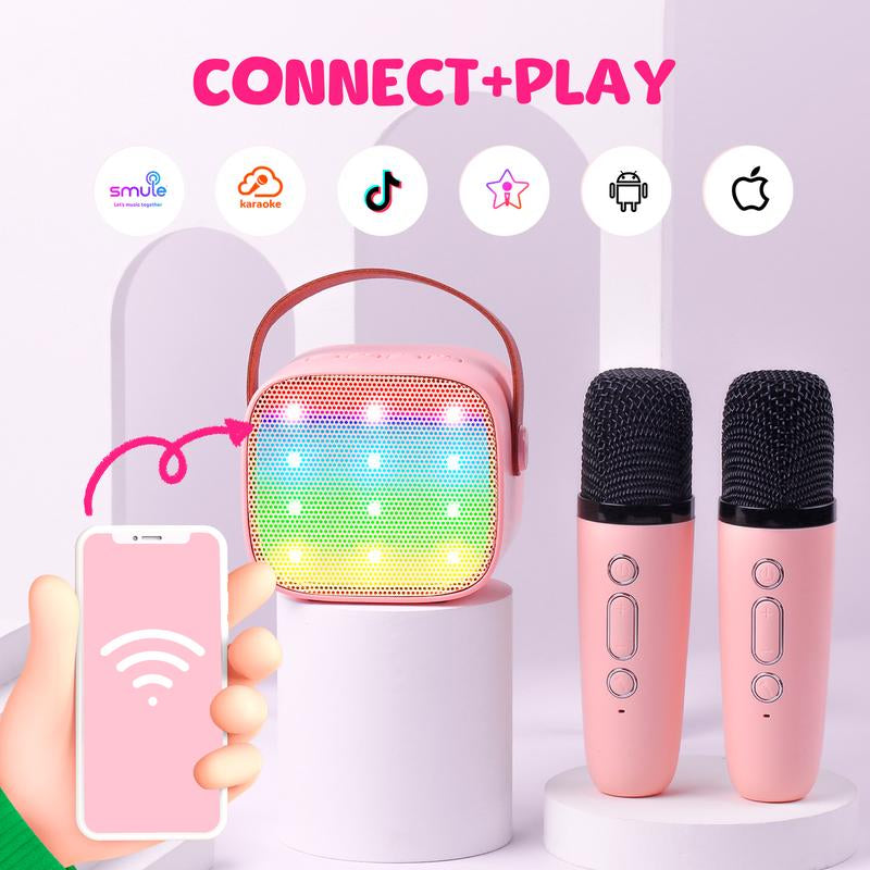 BONAOK Compact Karaoke System with Dual Microphones, Colorful LED Lighting, Four Sound Modes for Home, Car, and Travel Use