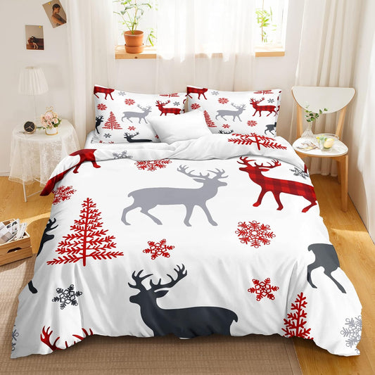 Cozy Up Your Bedroom with the Lodge Reindeer Duvet Cover Set - 3-Piece Rustic Moose Elk Bedding Collection in Queen Size