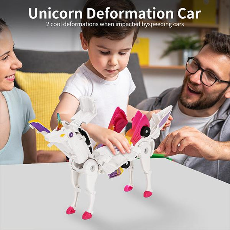 Transforming Car Toys into Magical Flying Dinosaurs and Unicorns - 2-Piece Set of Automatic Deformation Car-Robots for Kids with Magnetic Connections