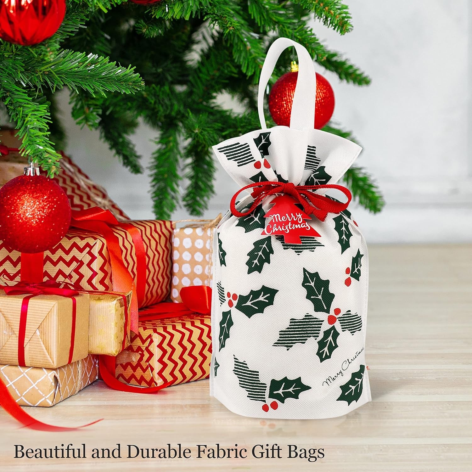 Delightful Large Reusable Fabric Gift Bags Set of 6 - Festive Holly Design for Memorable Christmas Gifting