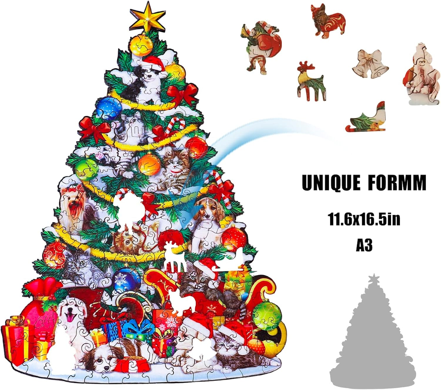 Delightful Christmas-Themed Wooden Jigsaw Puzzles for Adults - Featuring Festive Designs of Trees, Cats, and Dogs - Perfect for Gifts and Stocking Stuffers (11.6 in x 16.5 in)