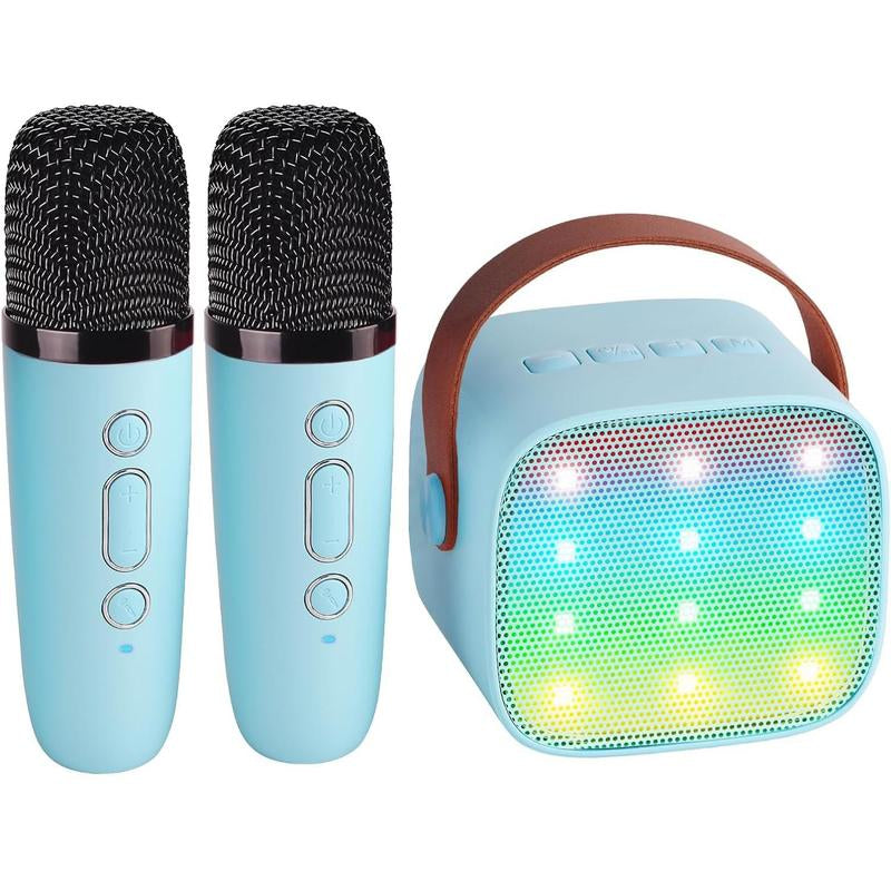 BONAOK Compact Karaoke System with Dual Microphones, Colorful LED Lighting, Four Sound Modes for Home, Car, and Travel Use
