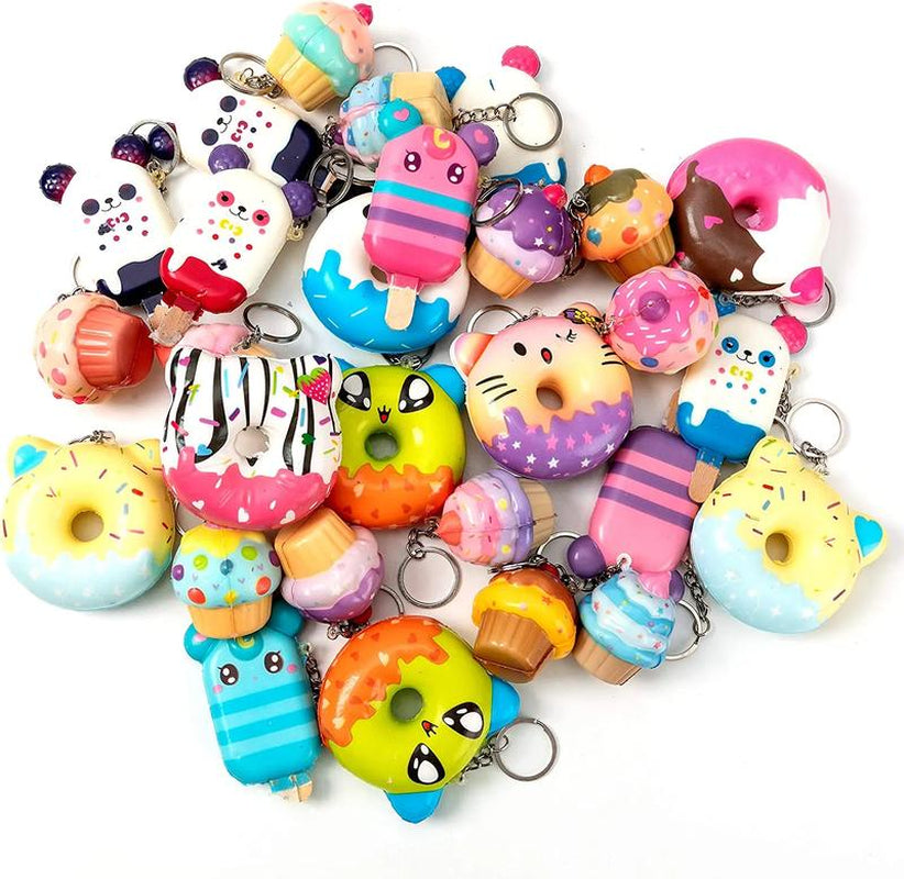 28-Piece Dessert Squishy Toy Keychains with Valentine's Day Cards for Classroom Gift Exchanges - 2025 Edition