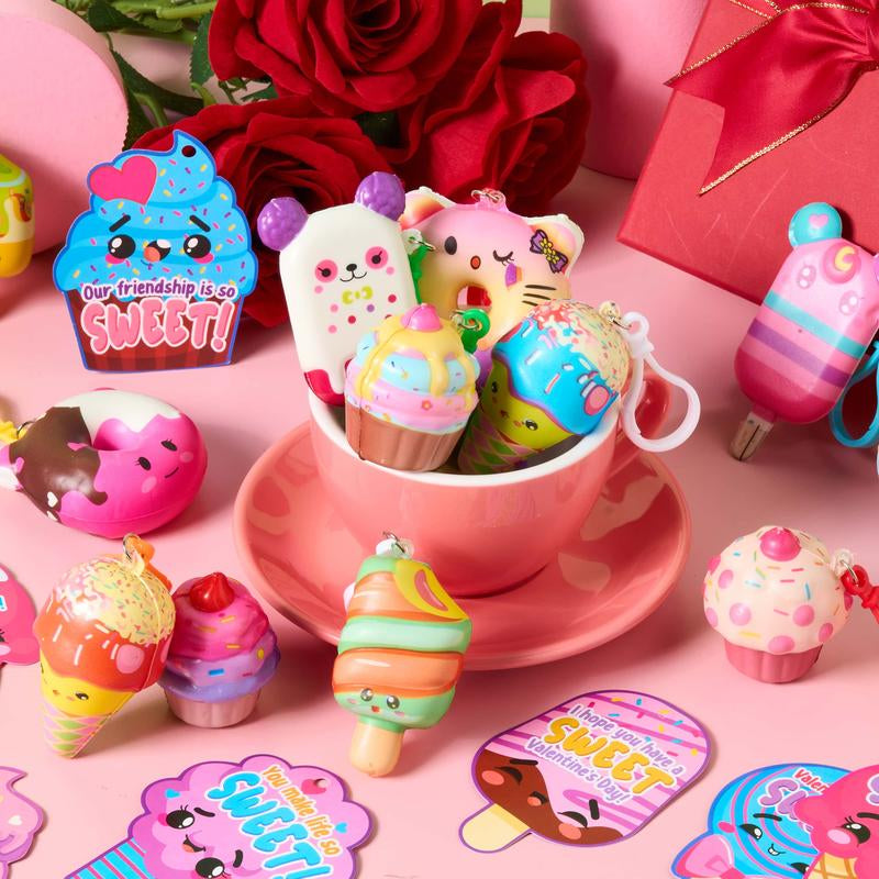 30-Piece Cute Keychain Set with Card Exchange Gifts for Valentine's Day Classroom Celebrations, Party Favors, and Holiday Rewards / 28-Piece Kids Valentine's Cards Featuring Glitter Mochi Squishy Toys