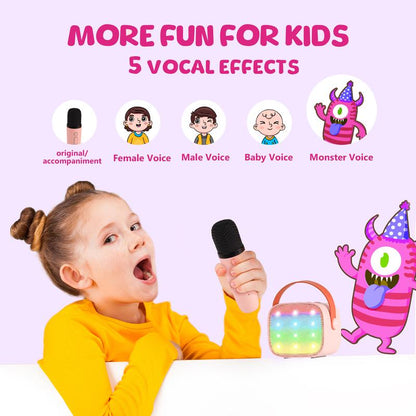 BONAOK Compact Karaoke System with Dual Microphones, Colorful LED Lighting, Four Sound Modes for Home, Car, and Travel Use